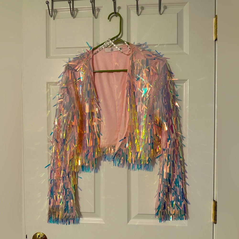 Missguided Iridescent Pink Sequin Fringe Cropped Blazer